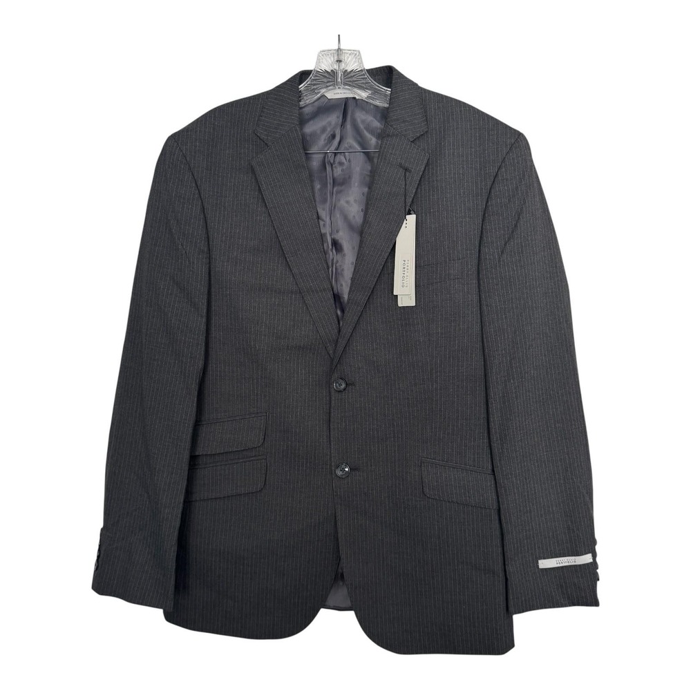 Perry Ellis Portfolio Blazer Mens 42R Gray Stripe Slim Fit Stretch 2 Button NWT